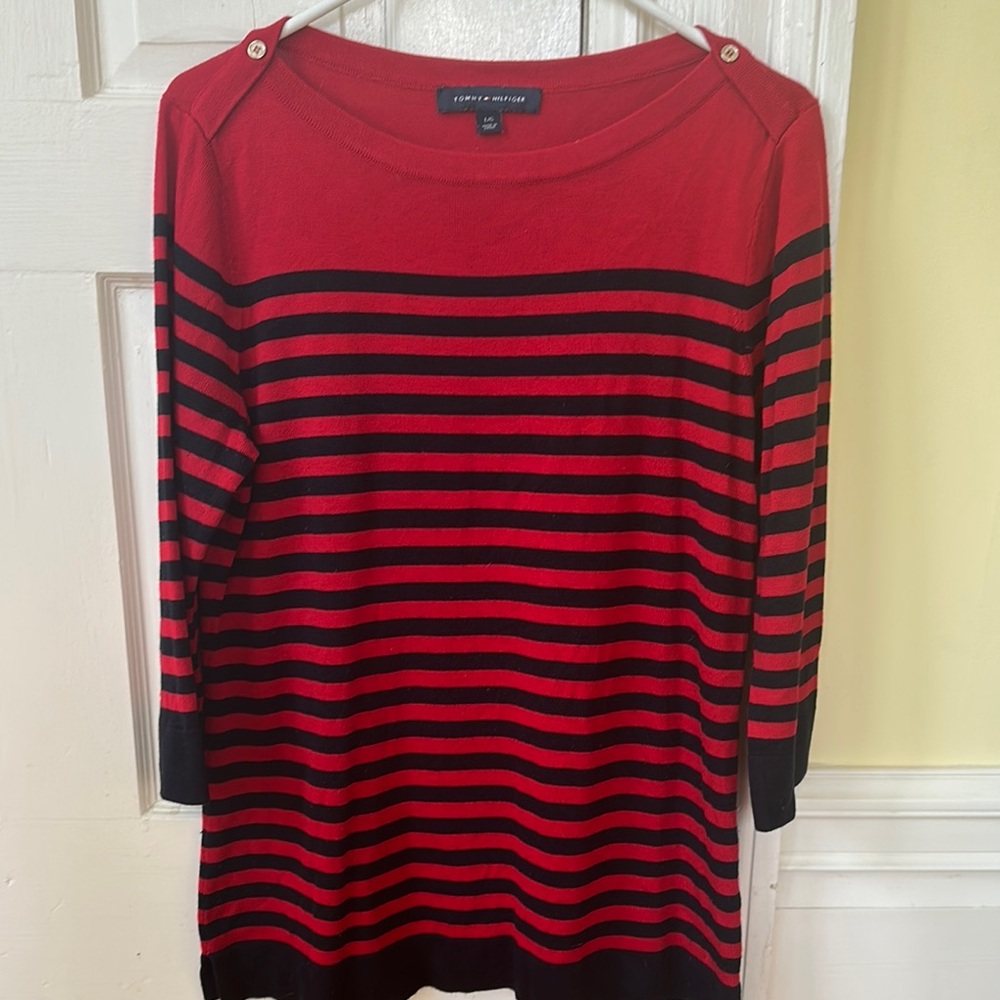 Tommy Hilfiger Red and Blue 3/4 Sleeve Sailor Collar Lightweight Sweater